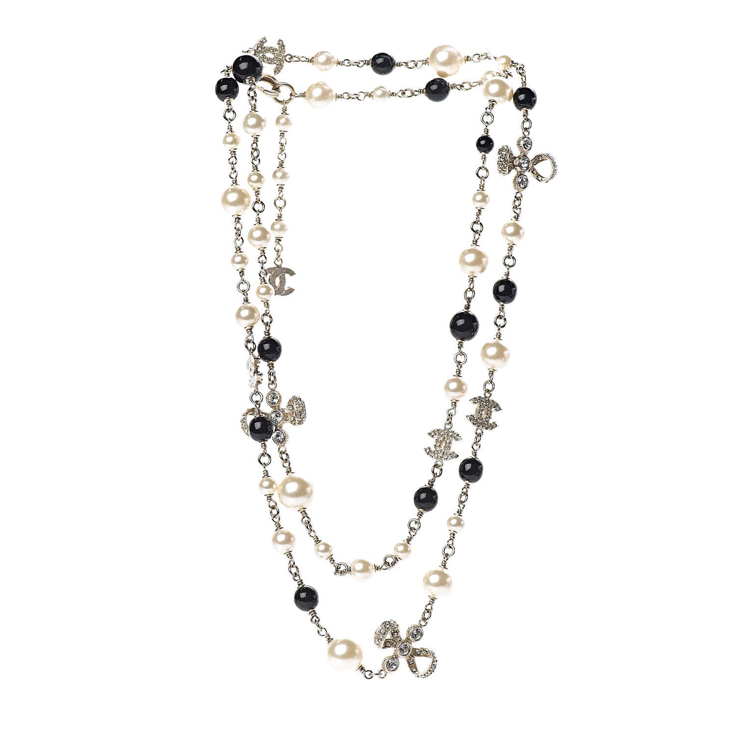 Crystal Pearl CC Bow Necklace Black Gold
