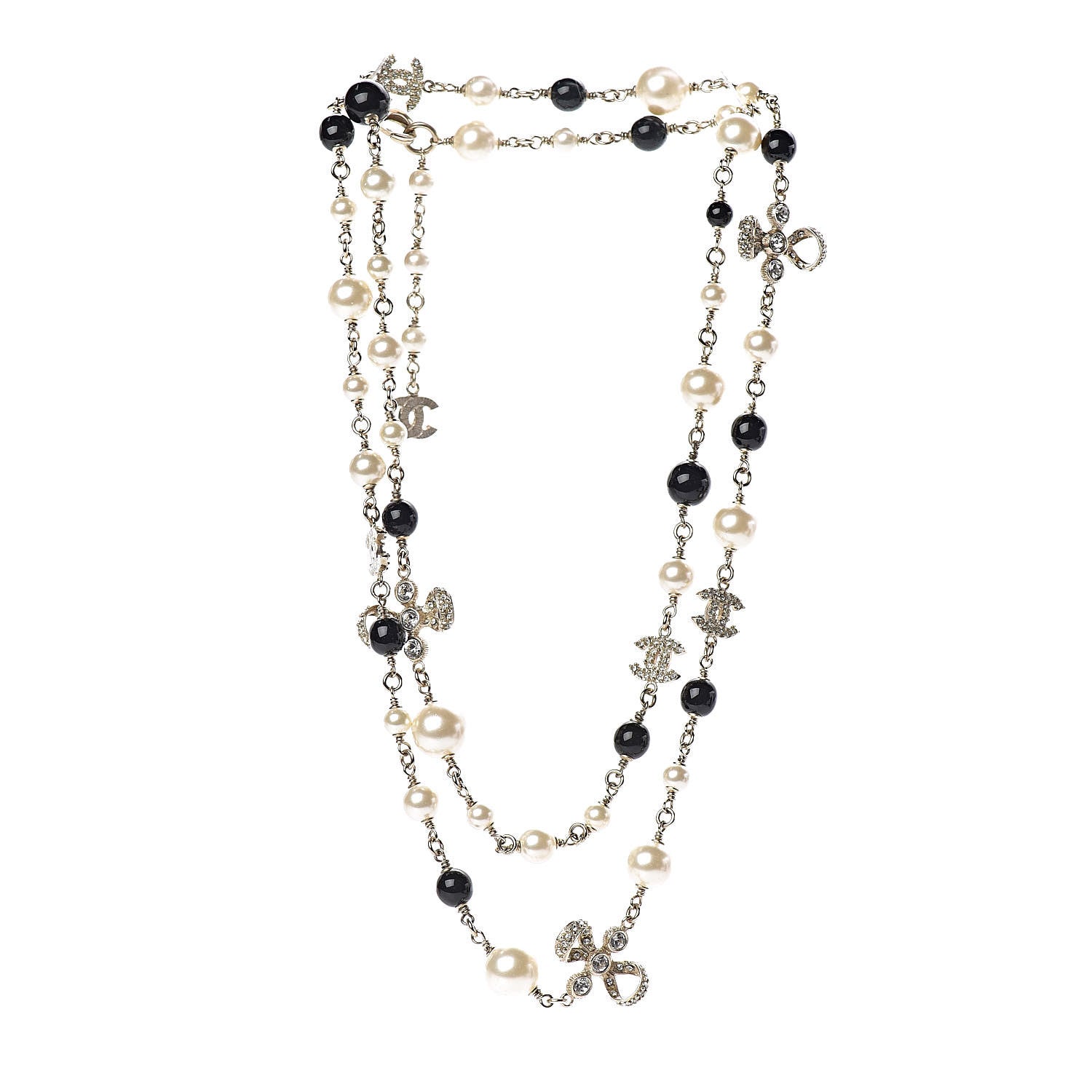 Chanel Crystal Pearl CC Bow Necklace Black Gold 3 of 5