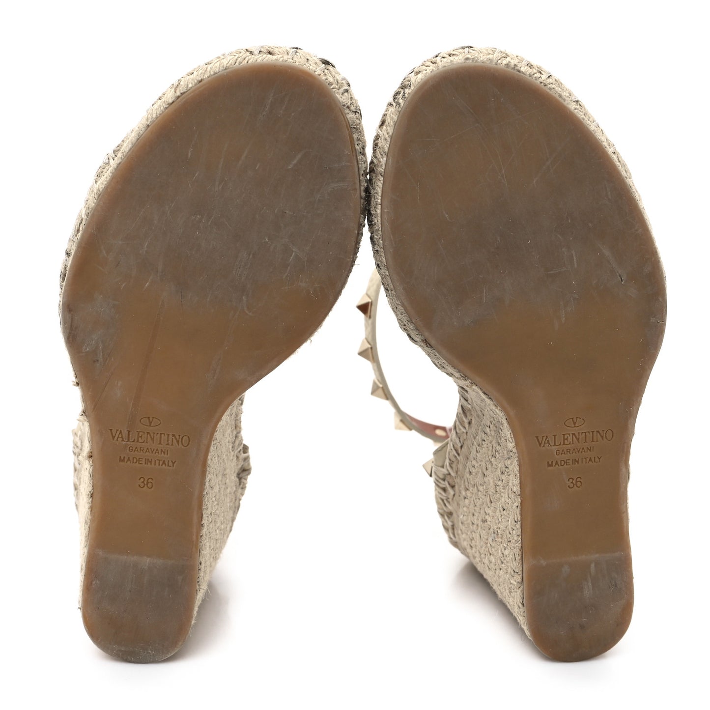 Grained Calfskin Rockstud Ankle Strap Espadrille Wedge Sandals 36 Light Ivory