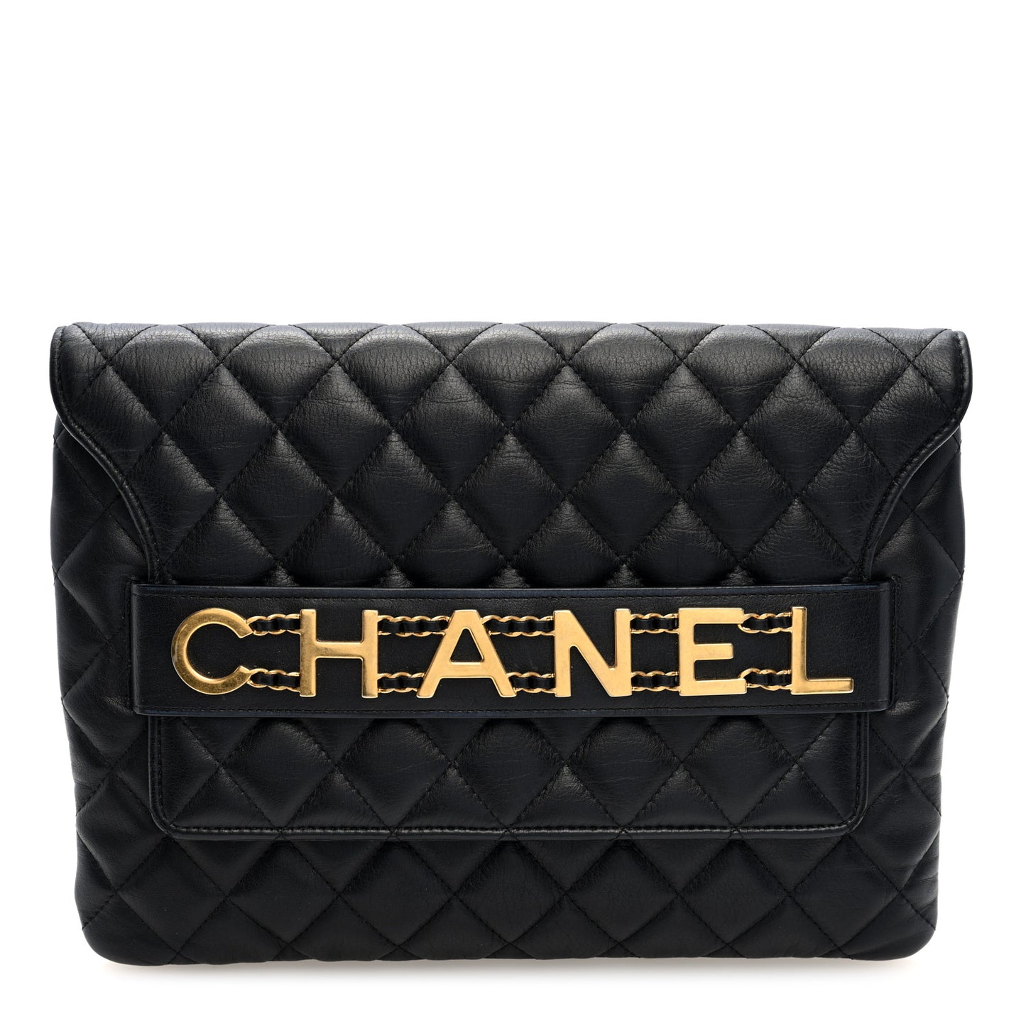 Calfskin Quilted Front Logo Enchained Clutch Black
