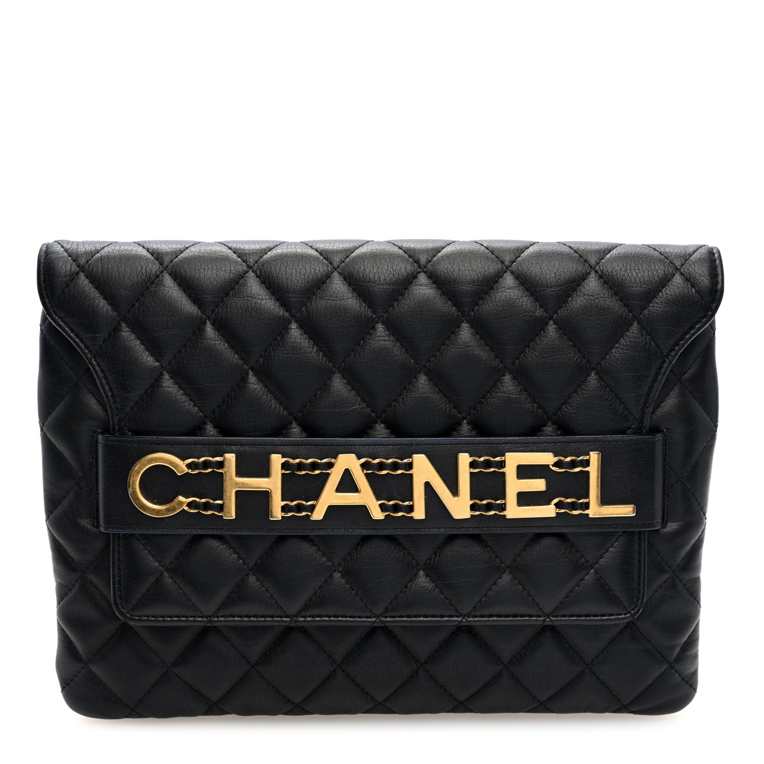 Chanel Calfskin Quilted Front Logo Enchained Clutch Black 1 of 7