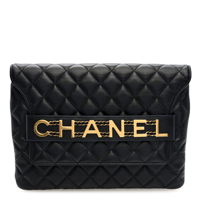 Chanel Calfskin Quilted Front Logo Enchained Clutch Black 1 of 7