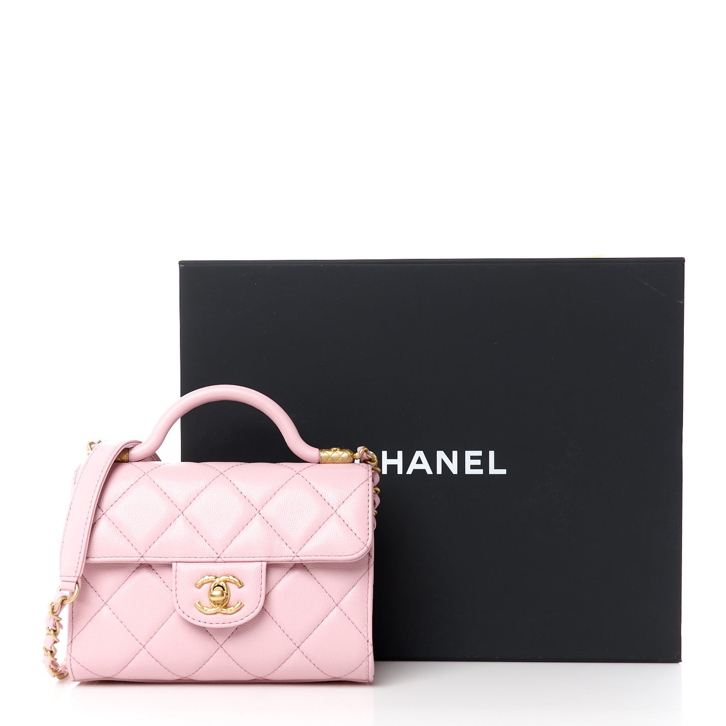 Shiny Caviar Quilted Mini Top Handle Flap Pink