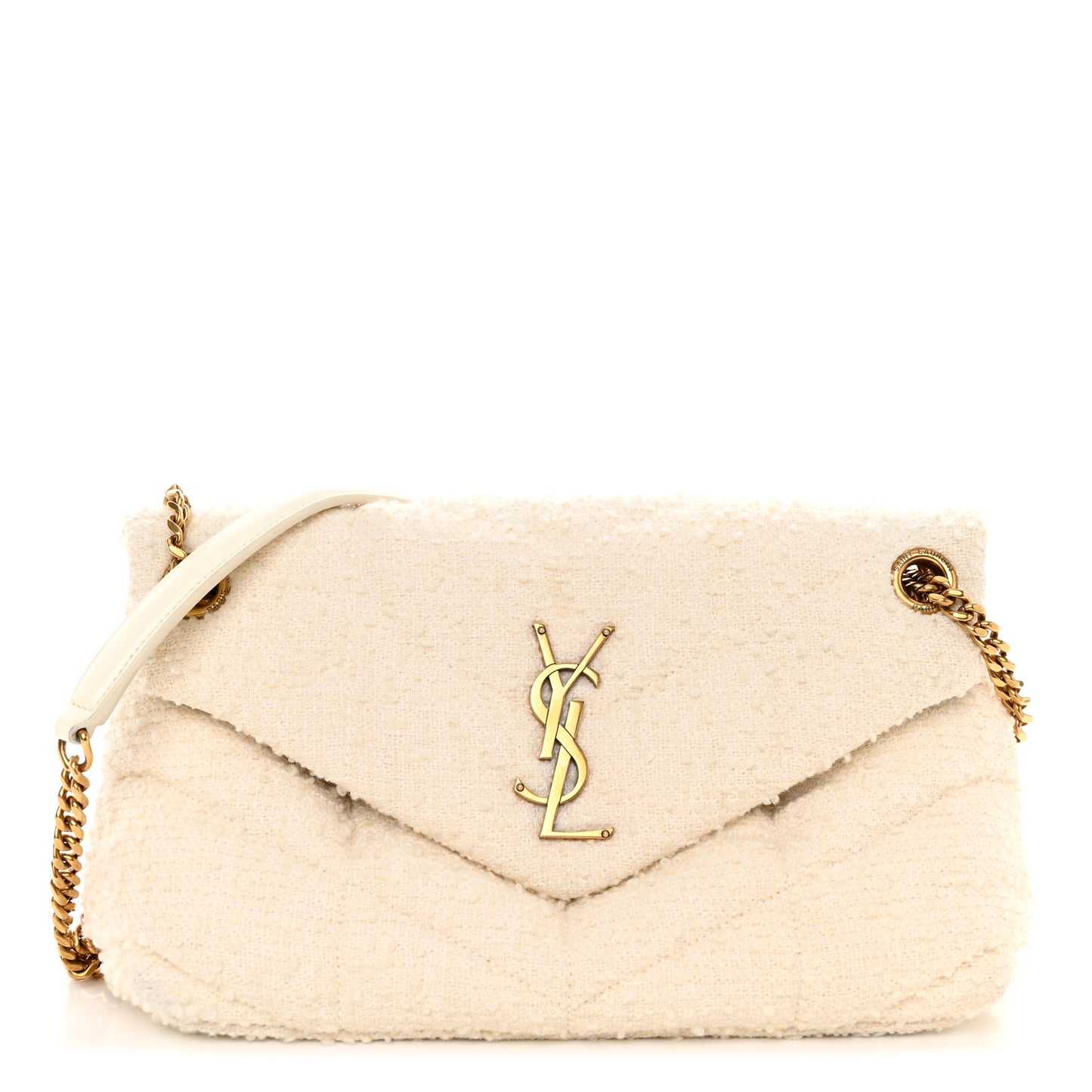 Boucle Tweed Quilted Small Loulou Puffer Monogram Chain Satchel Crema Soft