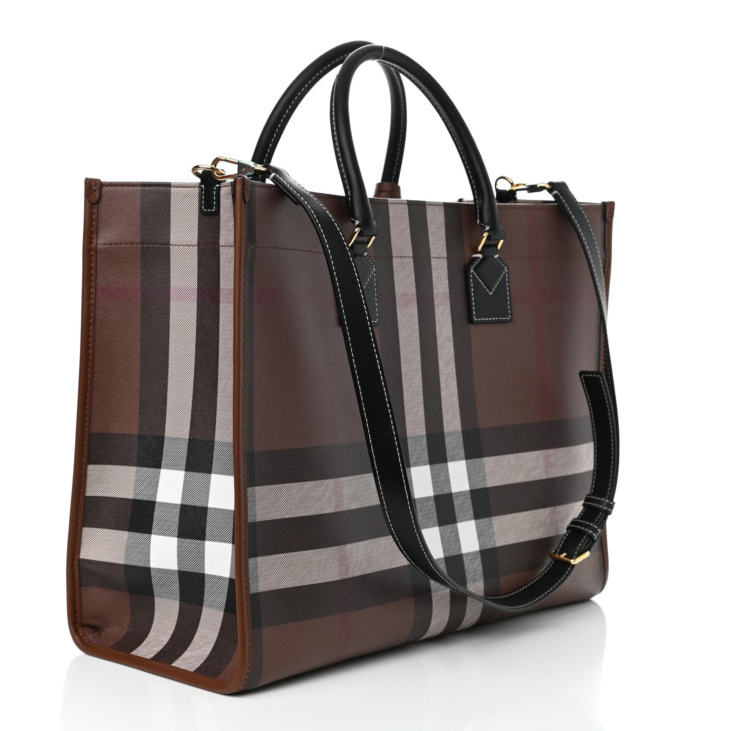 E-Canvas Check Calfskin Medium Freya Tote Dark Birch Brown