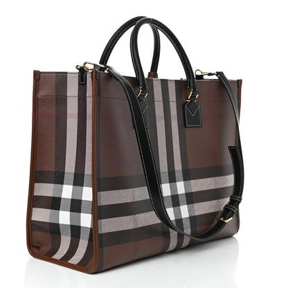 Burberry E-Canvas Check Calfskin Medium Freya Tote Dark Birch Brown 3 of 9