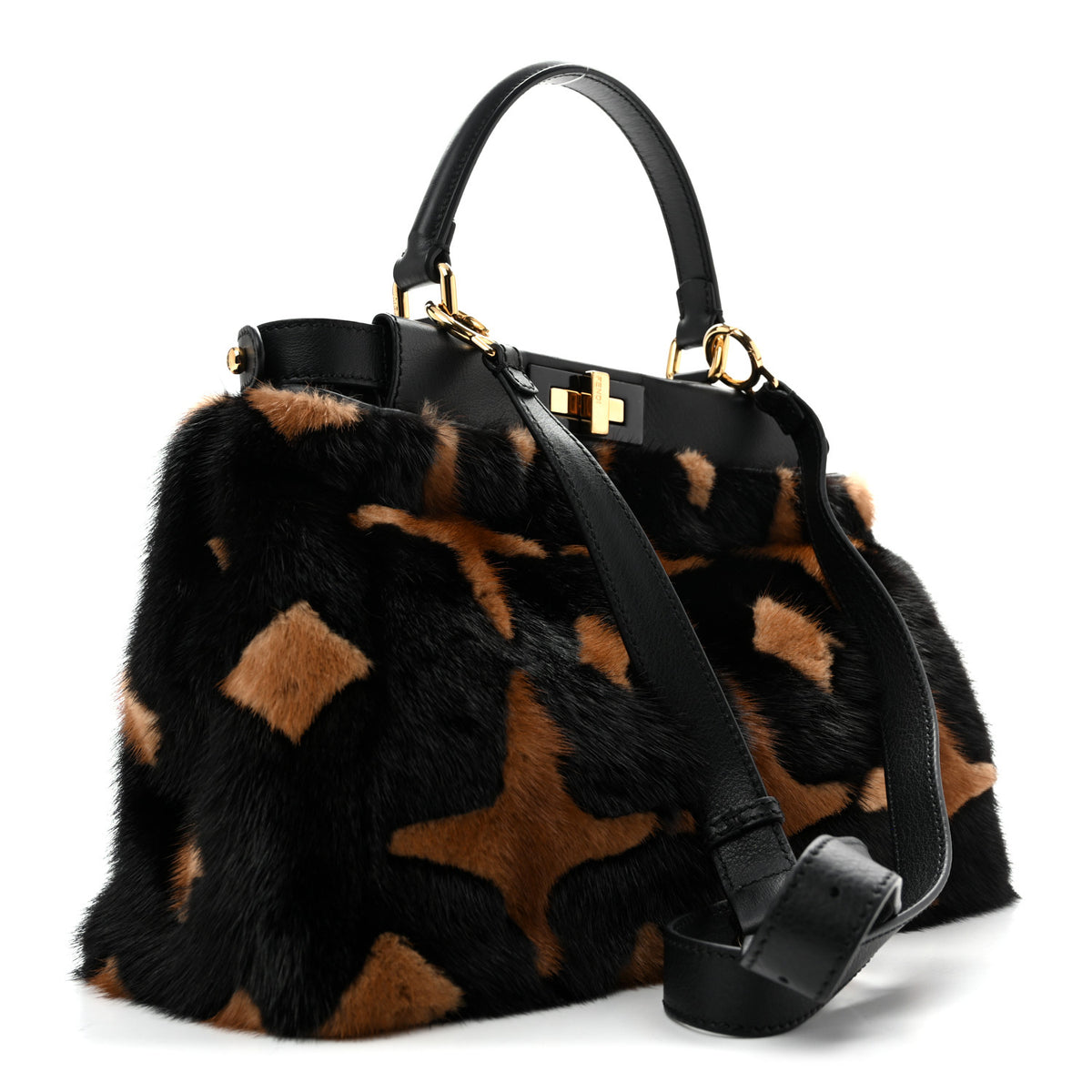 Fendi Mink Velvet Vitello Seta Inlaid Medium Peekaboo Iconic Satchel Tobacco Moro Black 3 of 13