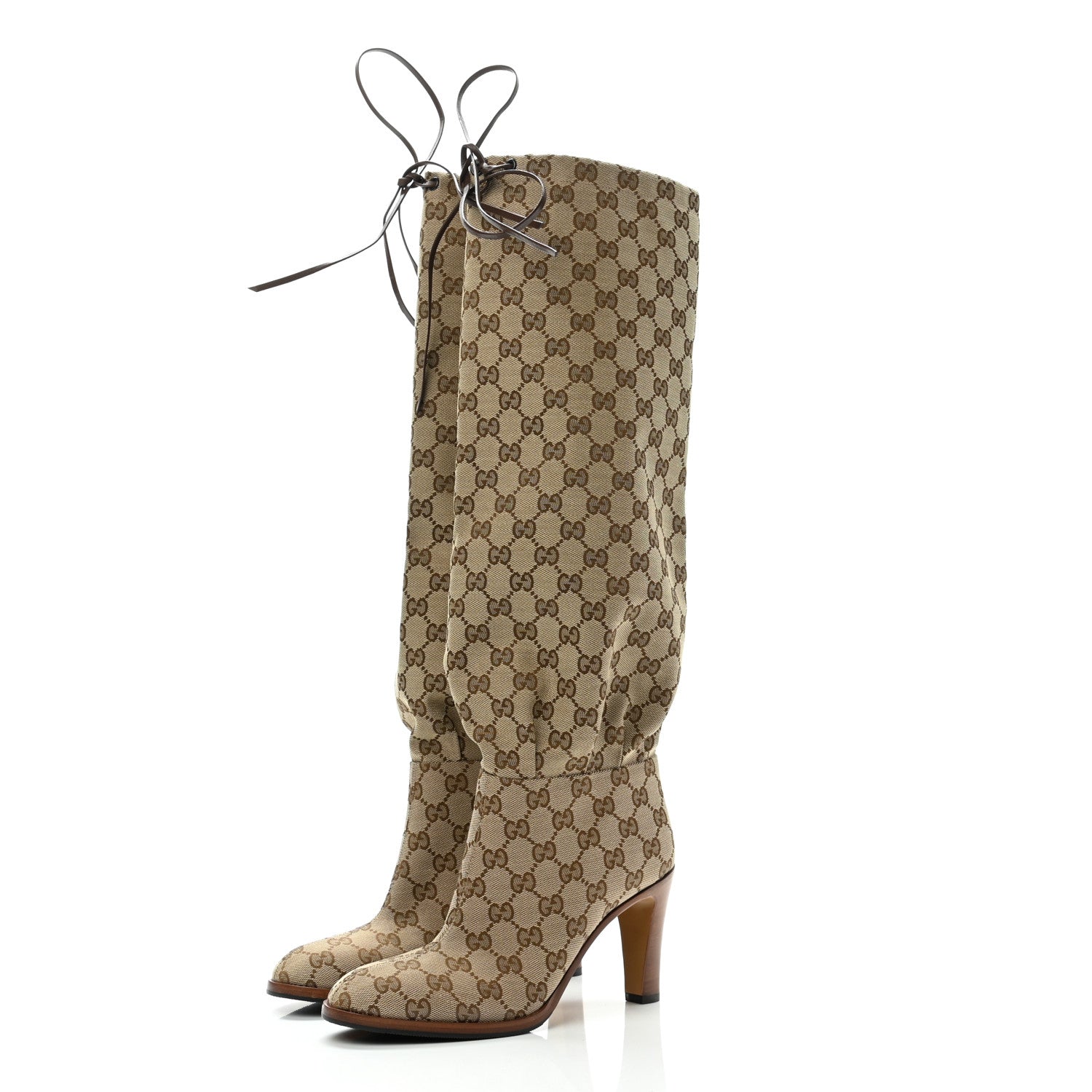 Gucci Monogram Malaga Kid Lisa Mid Heel Boots 38.5 Beige Ebony 3 of 7