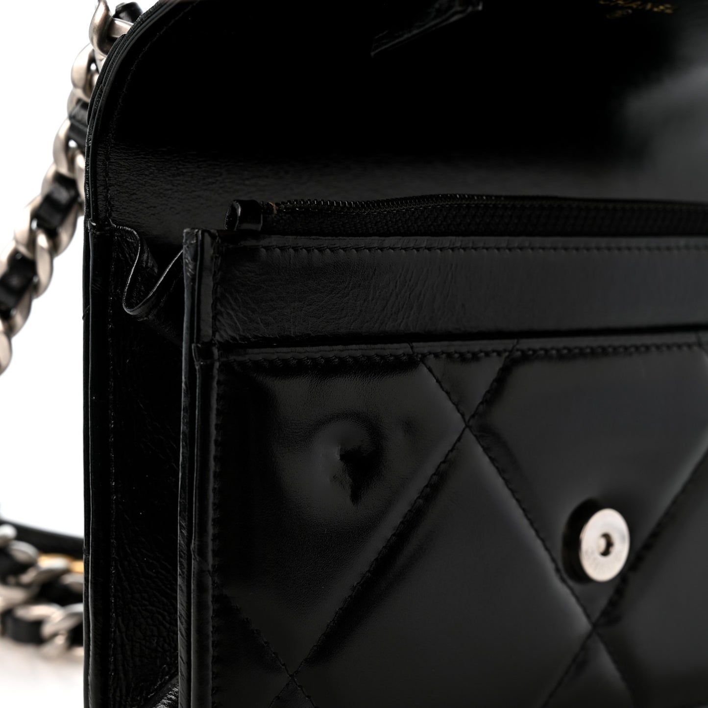 Shiny Crumpled Calfskin Quilted Chanel 19 Wallet On Chain WOC Black