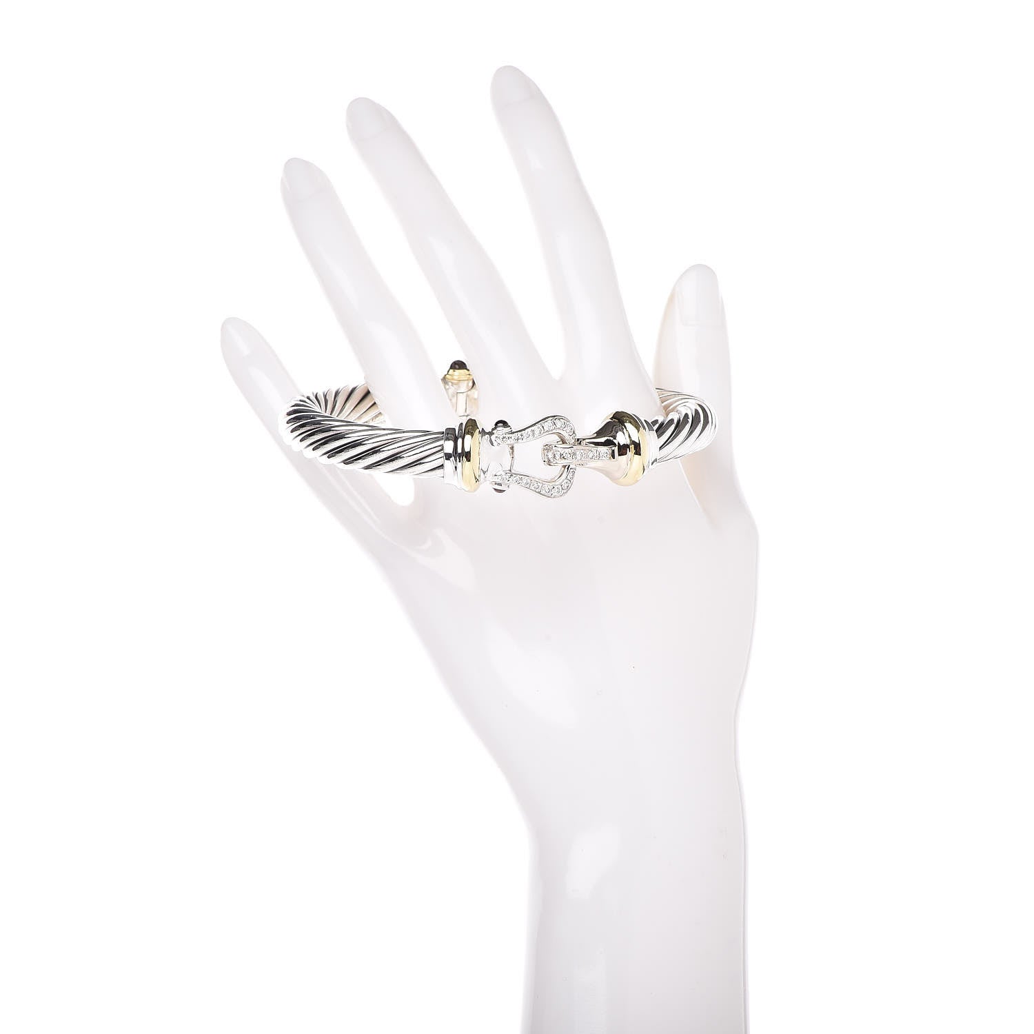 David Yurman Sterling Silver 18K Yellow Gold Diamond Pink Tourmaline 10mm Cable Buckle Bracelet 2 of 5