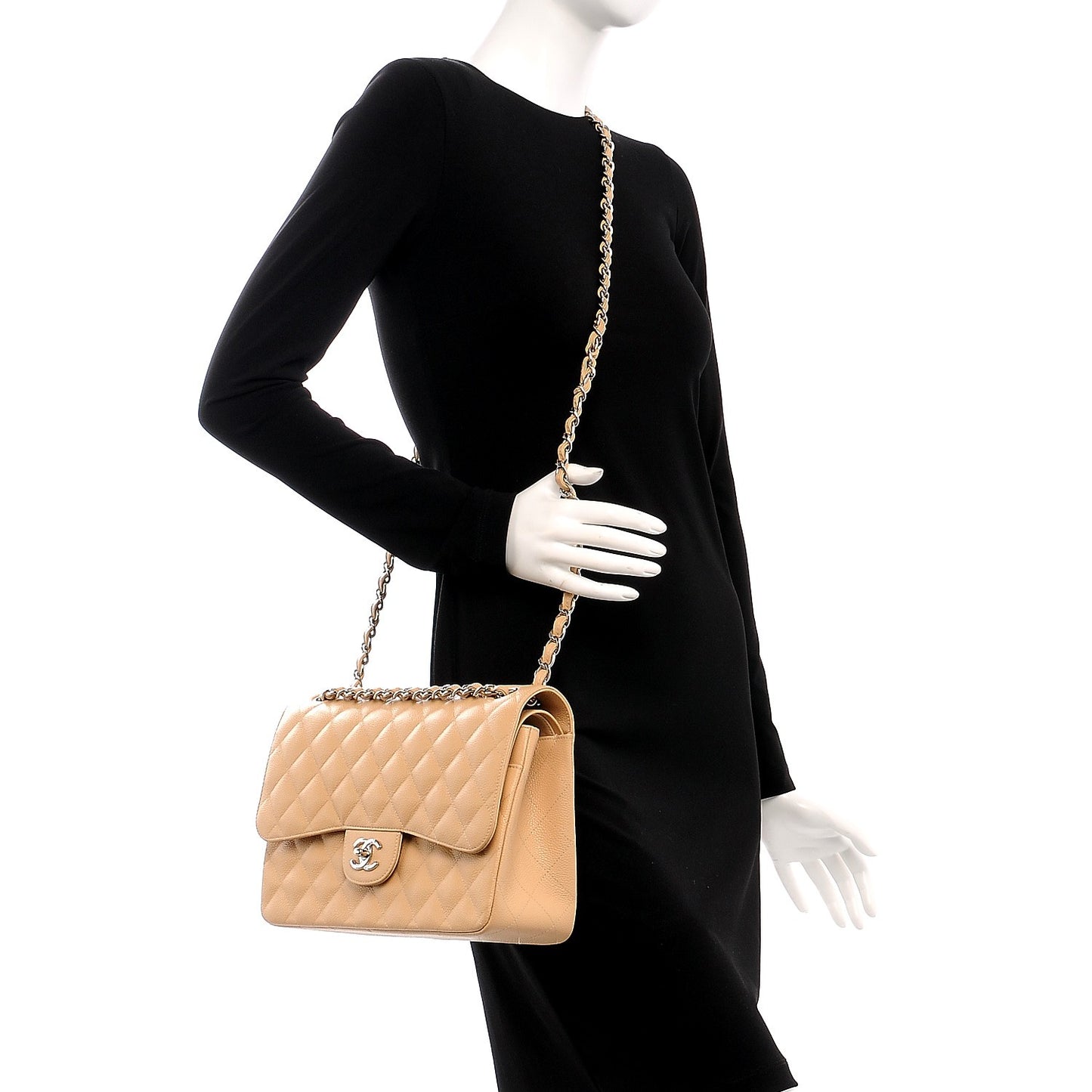 Caviar Quilted Jumbo Double Flap Beige Clair