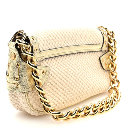 Versace Woven Canvas Metallic Calfskin Stitched Shoulder Bag Beige Gold 3 of 9