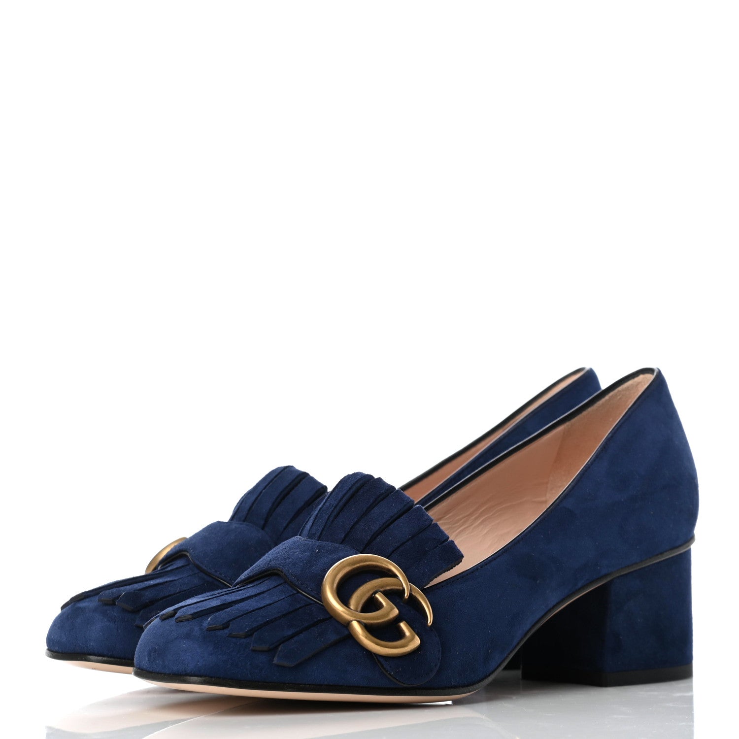 Gucci Kid Scamosciato GG Marmont Fringe 50mm Loafer Pumps 35 Blue Ink 3 of 8