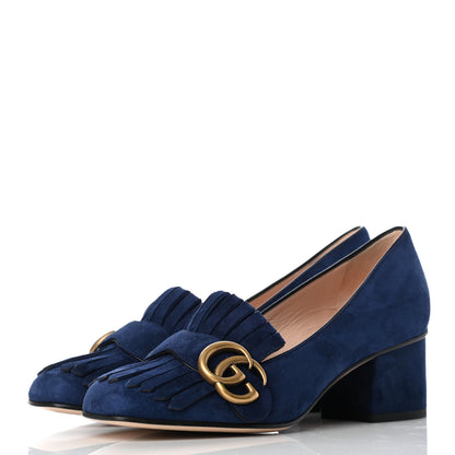 Gucci Kid Scamosciato GG Marmont Fringe 50mm Loafer Pumps 35 Blue Ink 3 of 8