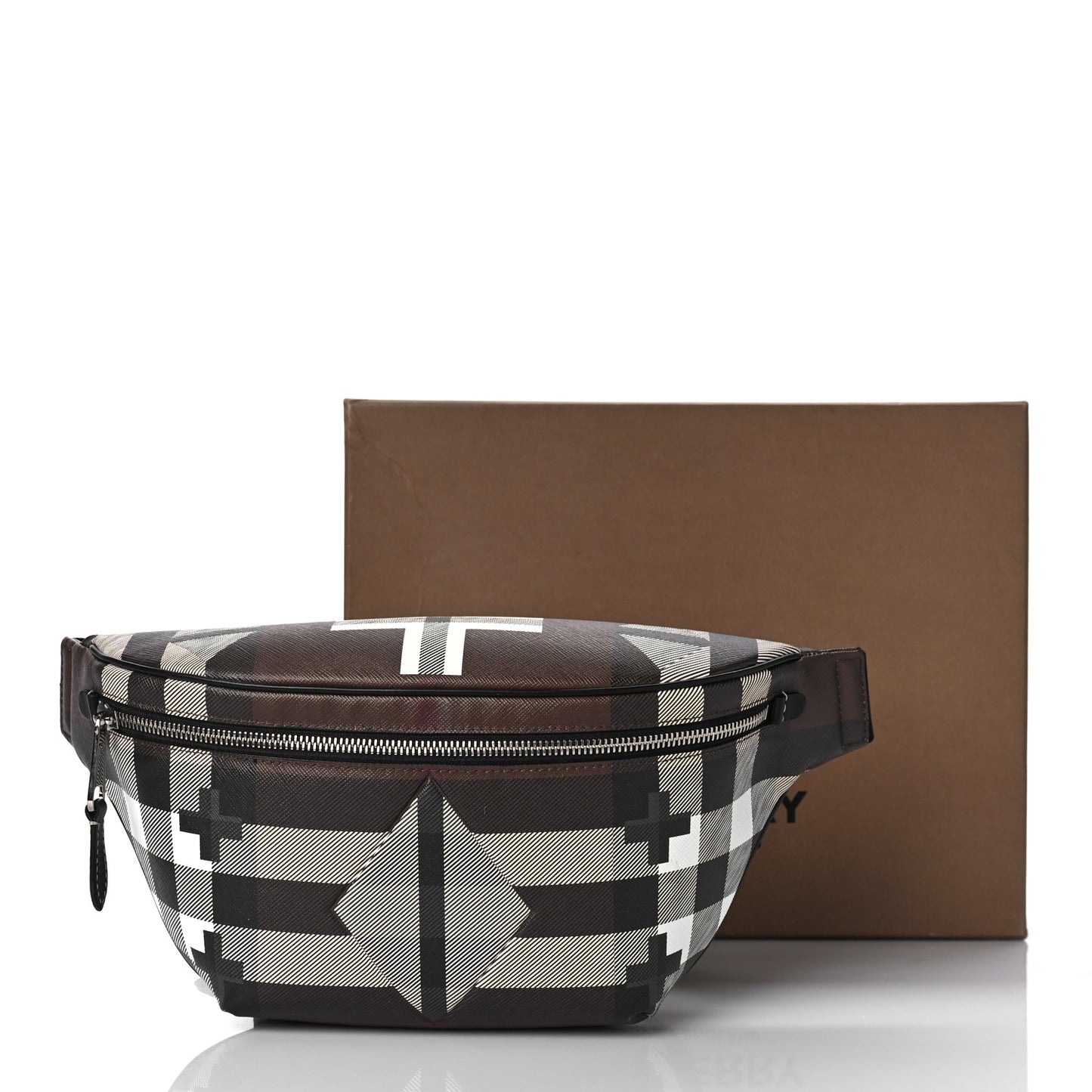 E-canvas Geometric Check Bum Bag Dark Birch Brown White