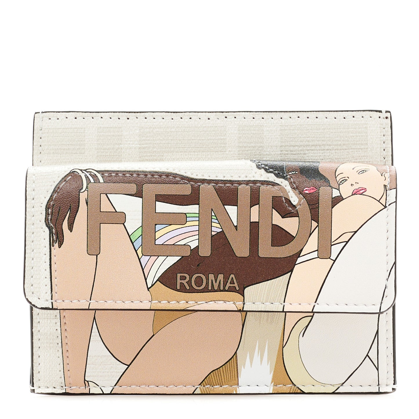 Glazed Fabric Vitello Liberty FF Logo Bikini Girls Inlay Fold Over Card Holder Wallet Bianco Perla Multicolor