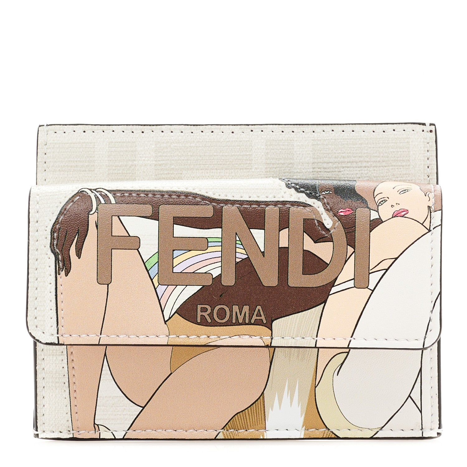 Fendi Glazed Fabric Vitello Liberty FF Logo Bikini Girls Inlay Fold Over Card Holder Wallet Bianco Perla Multicolor 1 of 13