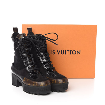 Louis Vuitton Suede Calfskin Monogram Laureate Platform Desert Boots 35 Black 9 of 9