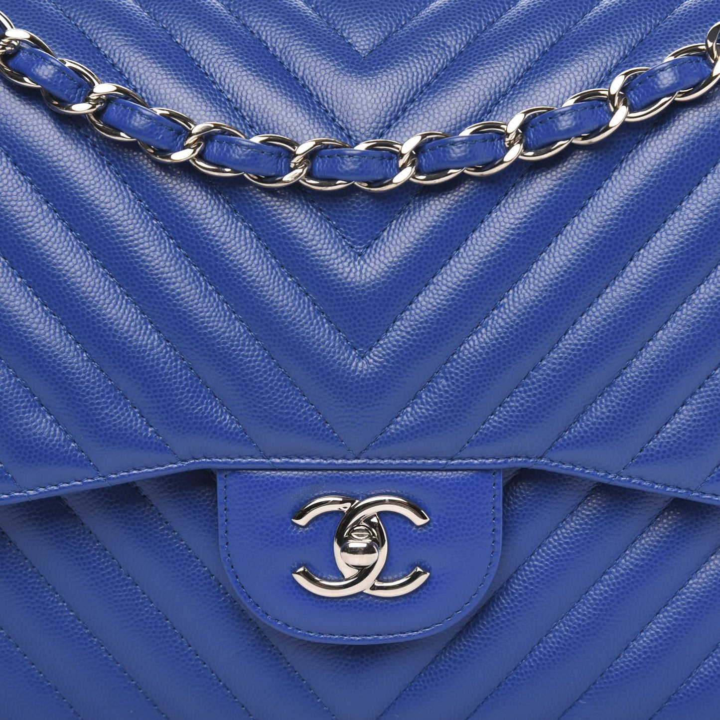 Caviar Chevron Quilted Jumbo Double Flap Blue