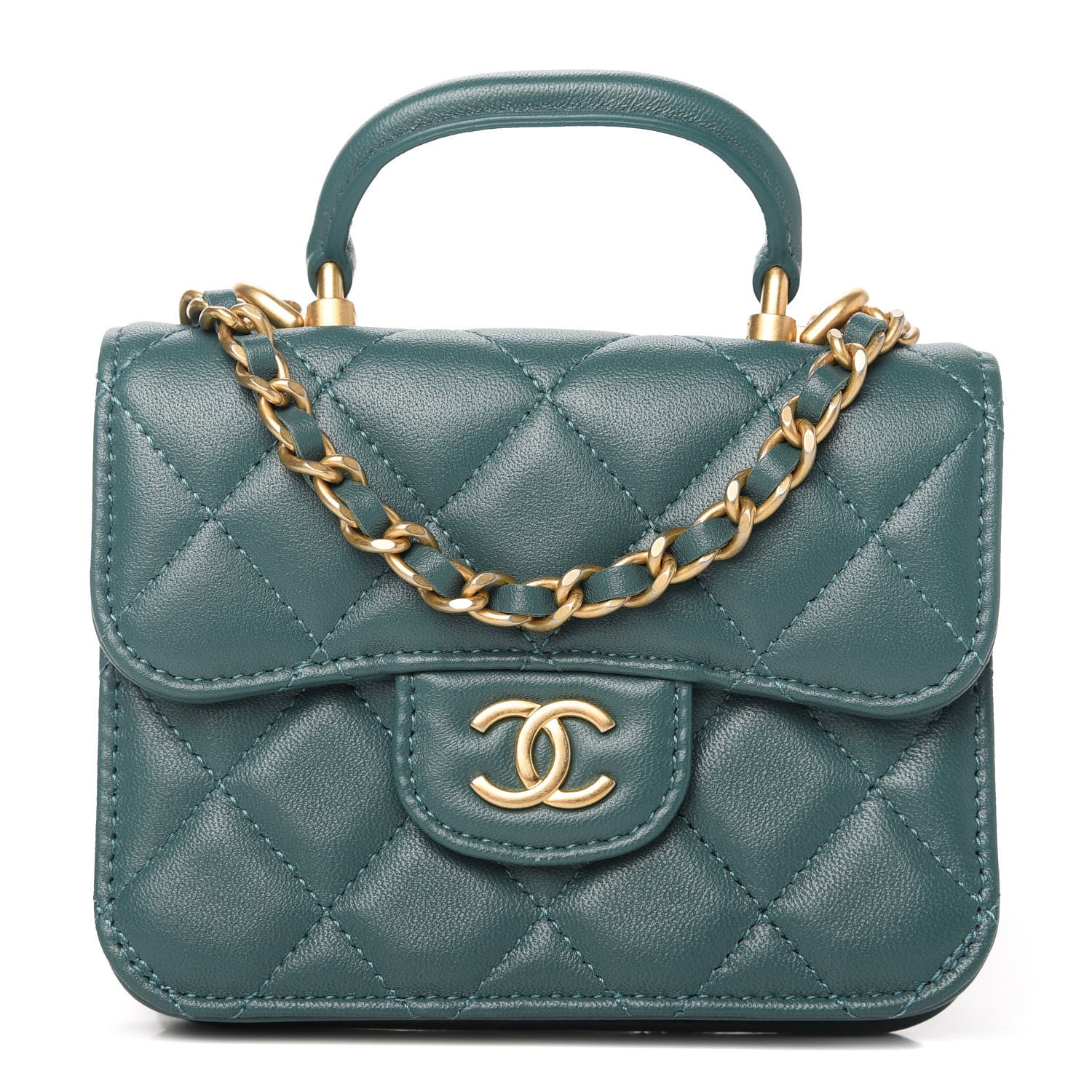 Chanel Lambskin Quilted Top Handle Flap Coin Purse With Chain Green 1 of 12