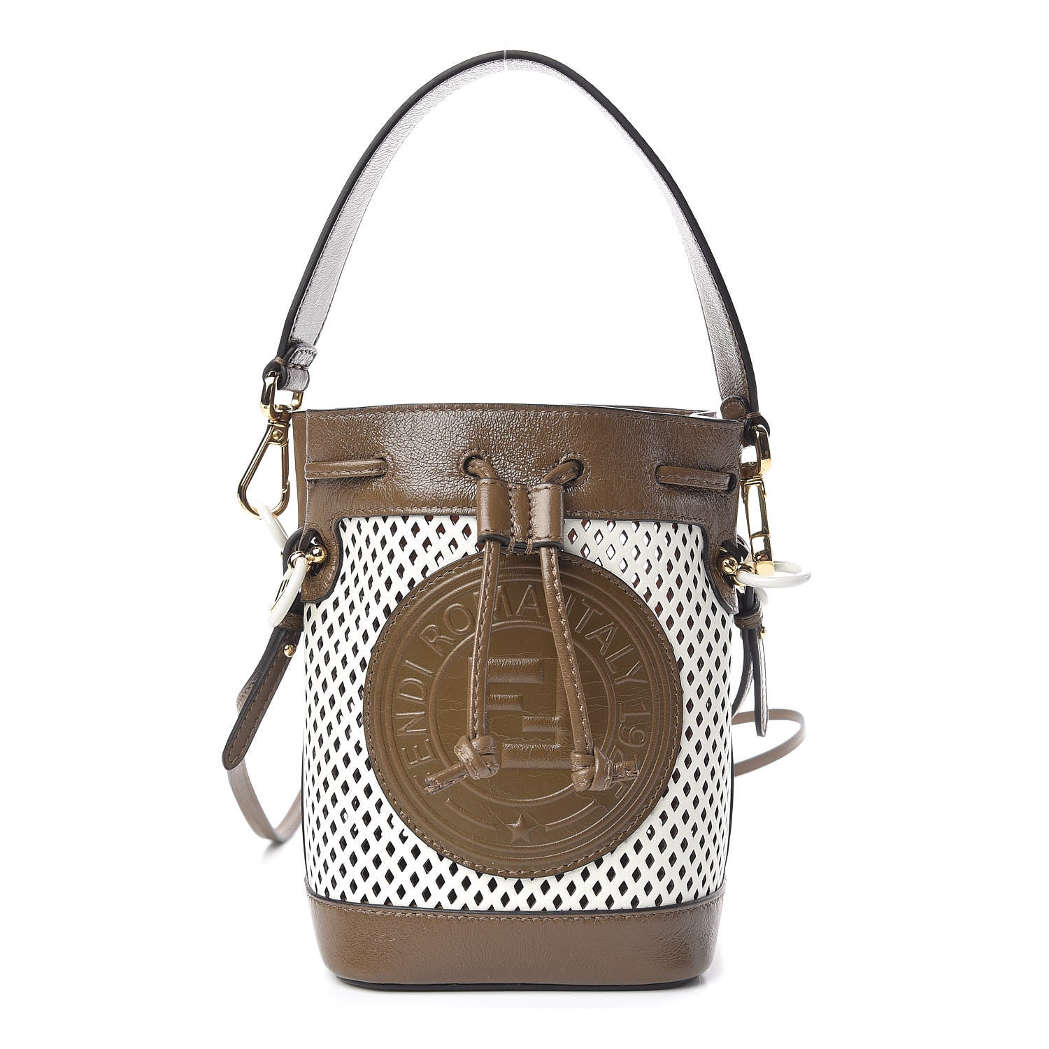 Fendi Vitello Liberty Glossy Lambskin F is Fendi Perforated Mini Mon Tresor Bucket Bag White Ice Rust Maya 1 of 9