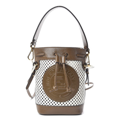 Fendi Vitello Liberty Glossy Lambskin F is Fendi Perforated Mini Mon Tresor Bucket Bag White Ice Rust Maya 1 of 9