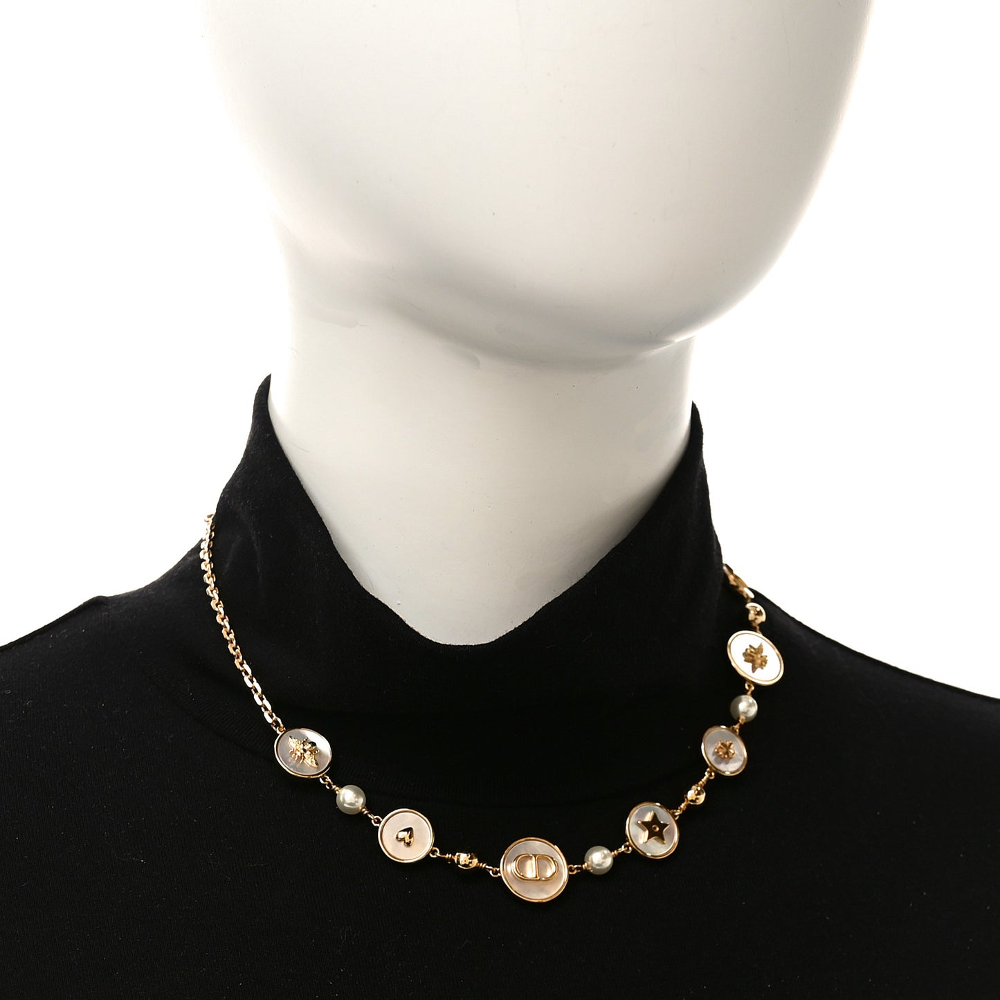 Metal Resin Pearl Mother of Pearl D-Luck Short Necklace Gold