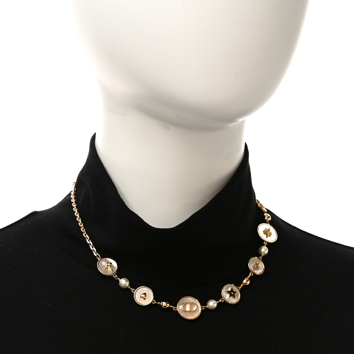 Christian Dior Metal Resin Pearl Mother of Pearl D-Luck Short Necklace Gold 2 of 4