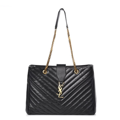 Saint Laurent Lambskin Matelasse Chevron Monogram Shopping Bag Black 1 of 16