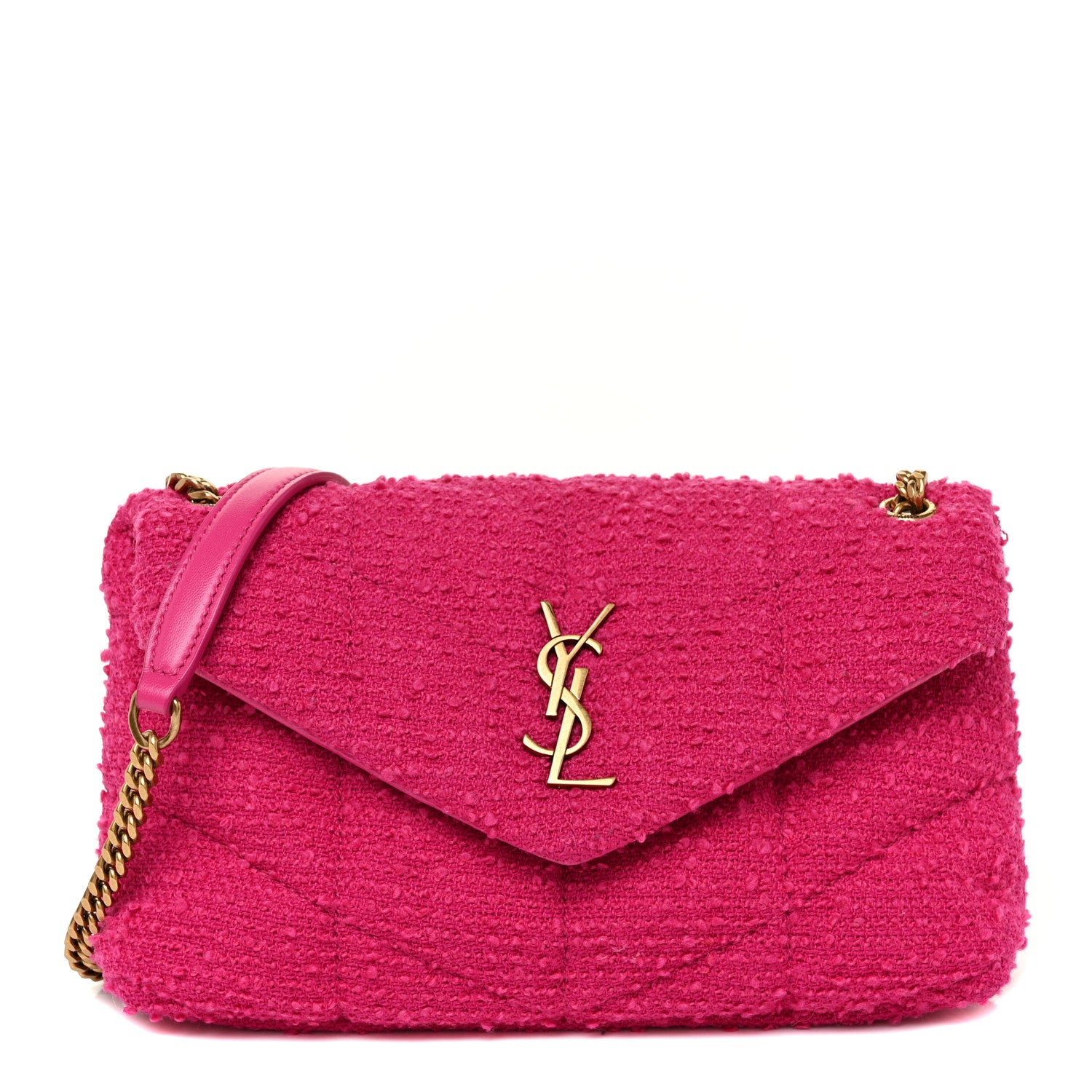 Saint Laurent Boucle Tweed Quilted Toy Loulou Puffer Monogram Chain Satchel Magenta 1 of 13