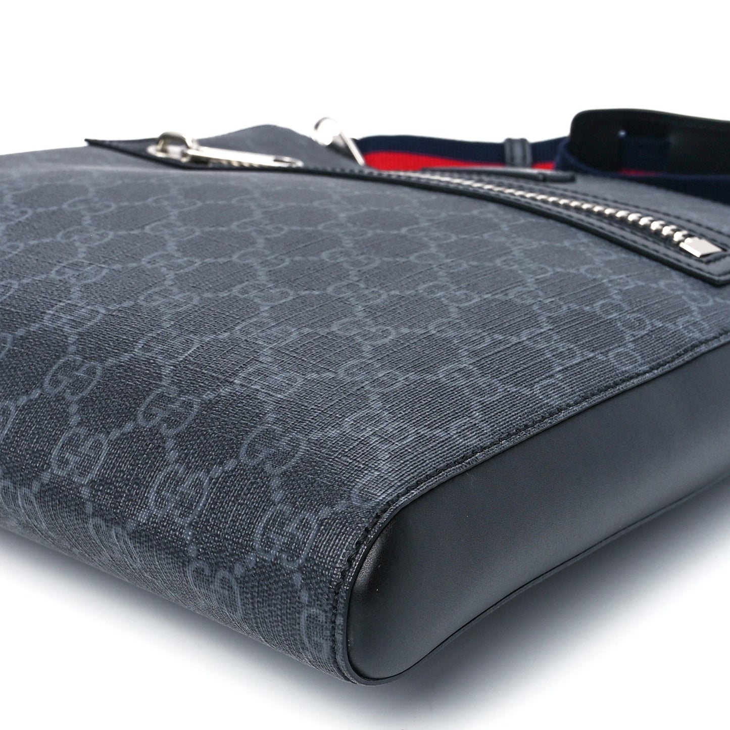 GG Supreme Monogram Appia Calfskin Web Flat Messenger Bag Black Grey