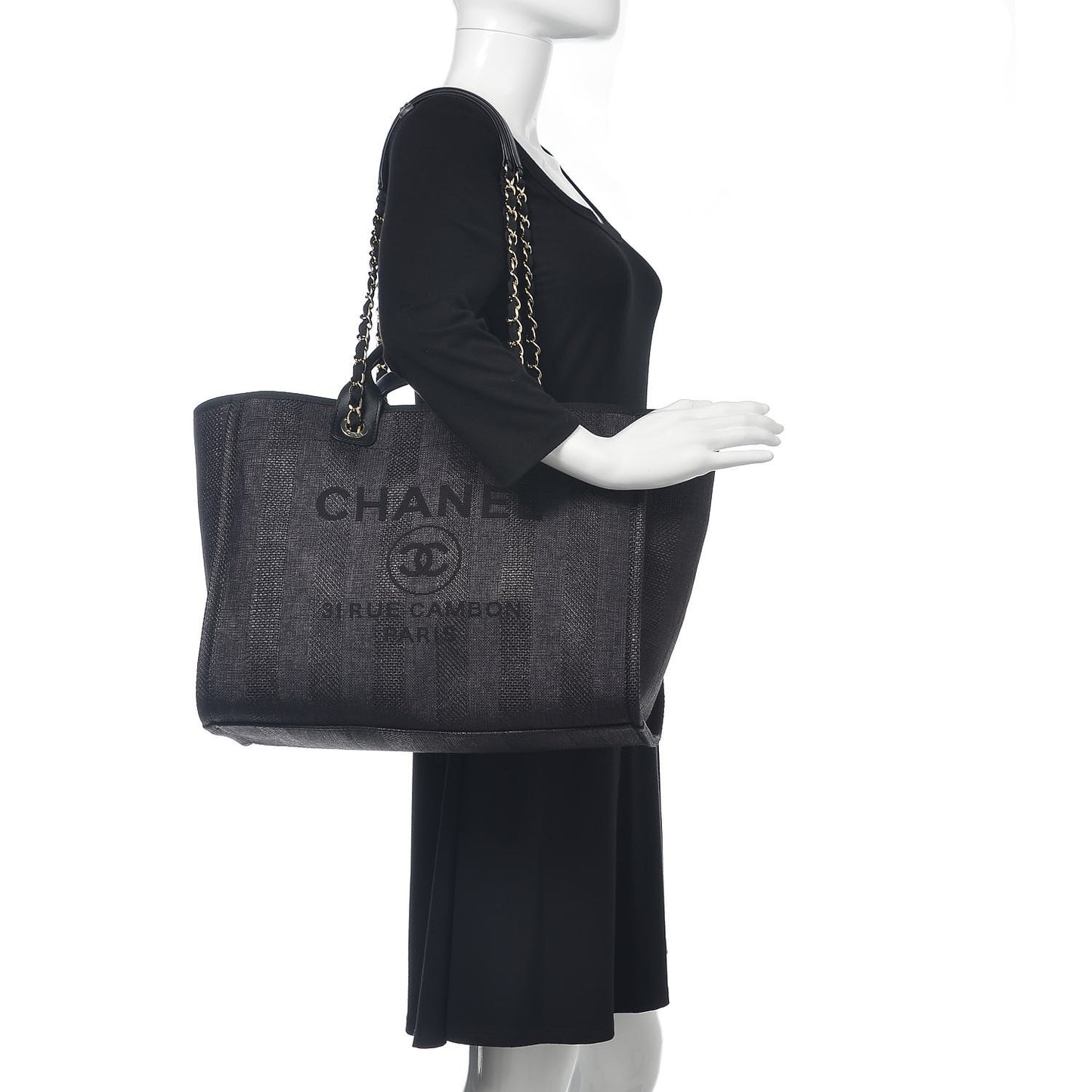 Woven Straw Raffia Striped Large Deauville Tote Black
