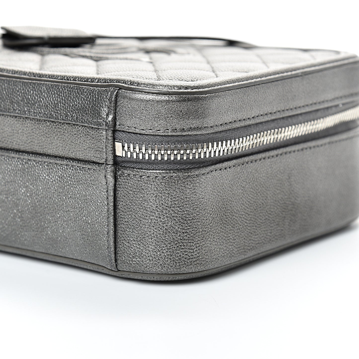 Metallic Caviar Quilted Medium CC Filigree Vanity Case Dark Silver