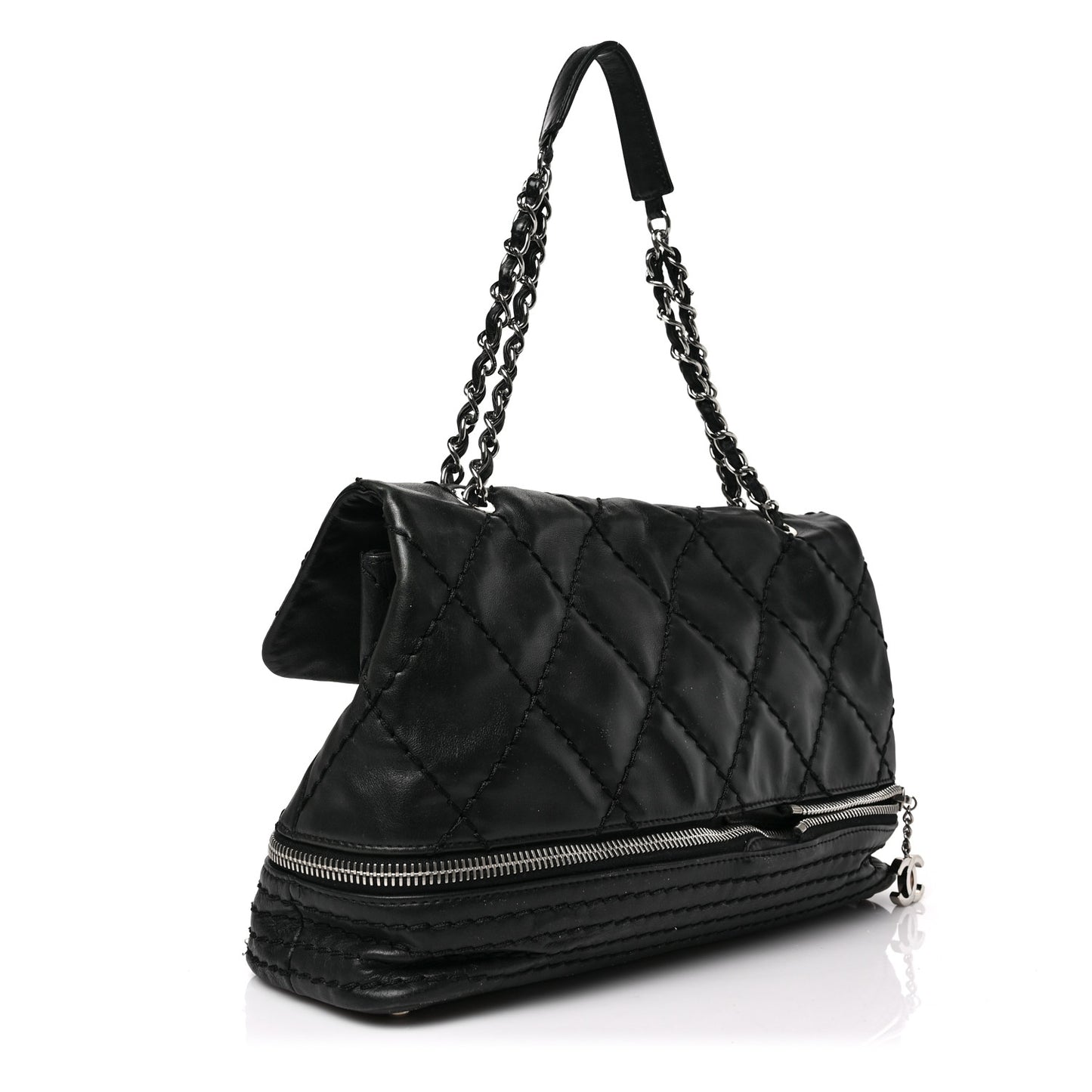 Calfskin Stitched Large Expandable Flap Bag Black