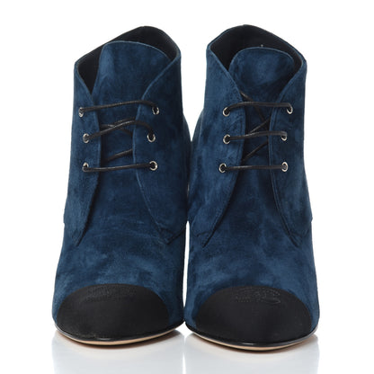 Chanel Suede Grosgrain Pearl Lace Up Booties 37 Dark Blue Black 2 of 16