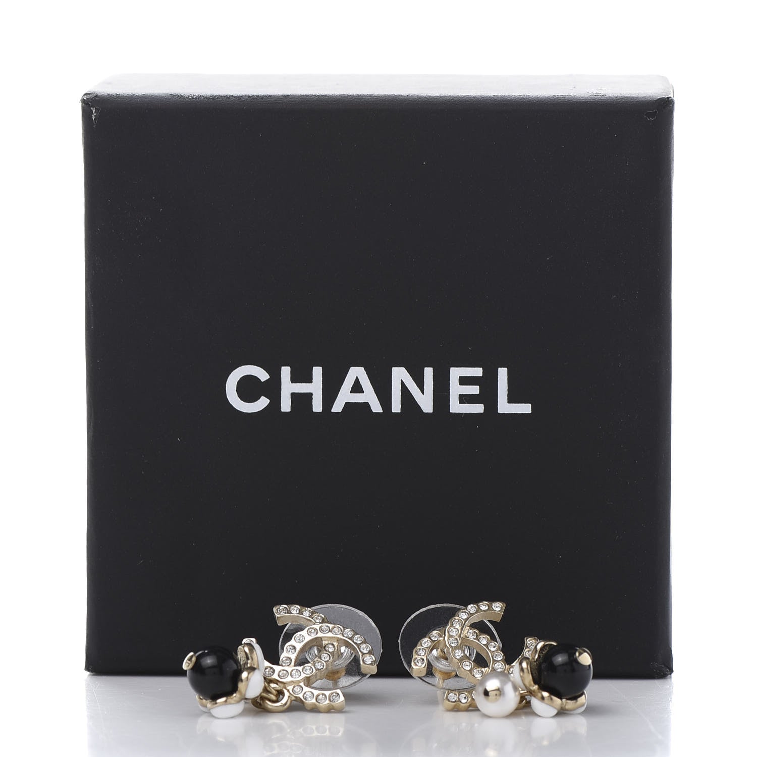 Chanel Crystal Bead Pearl CC Drop Earrings Gold White Black 5 of 5