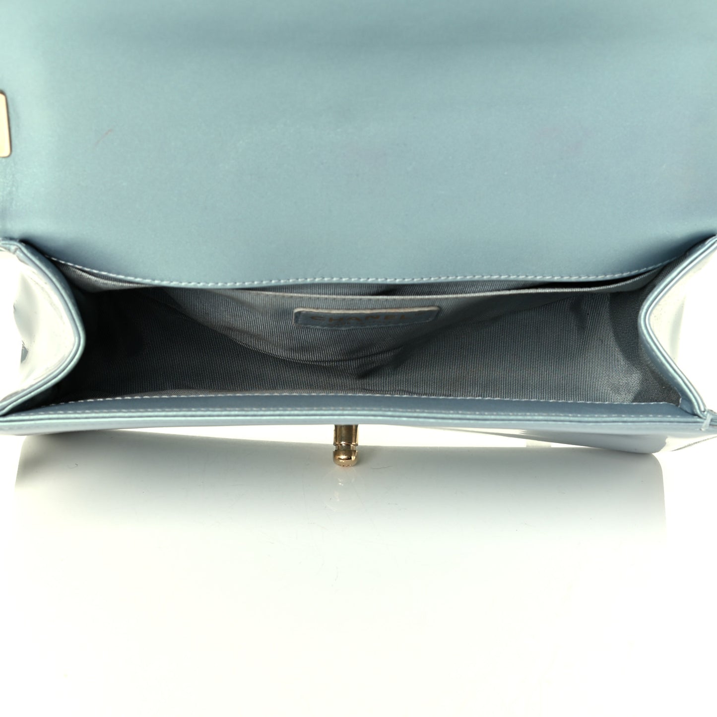 Iridescent Patent Calfskin Quilted Medium Boy Flap Light Blue
