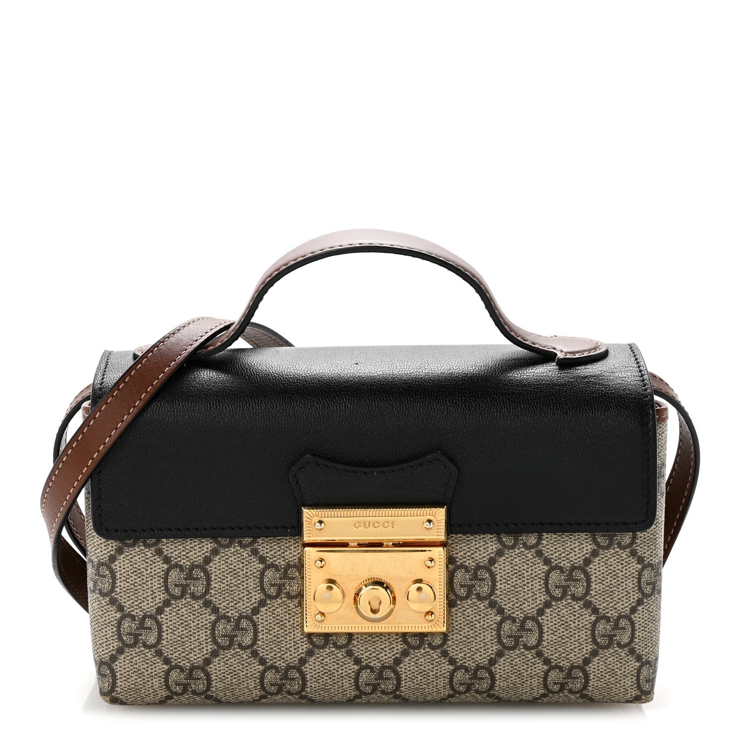 Gucci GG Supreme Monogram Calfskin Mini Padlock Top Handle Shoulder Bag Beige Black Cuir 1 of 14