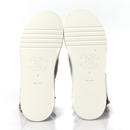 Chanel Goatskin Fabric Gladiator Sandals 40 White Light Grey Navy Blue 5 of 8