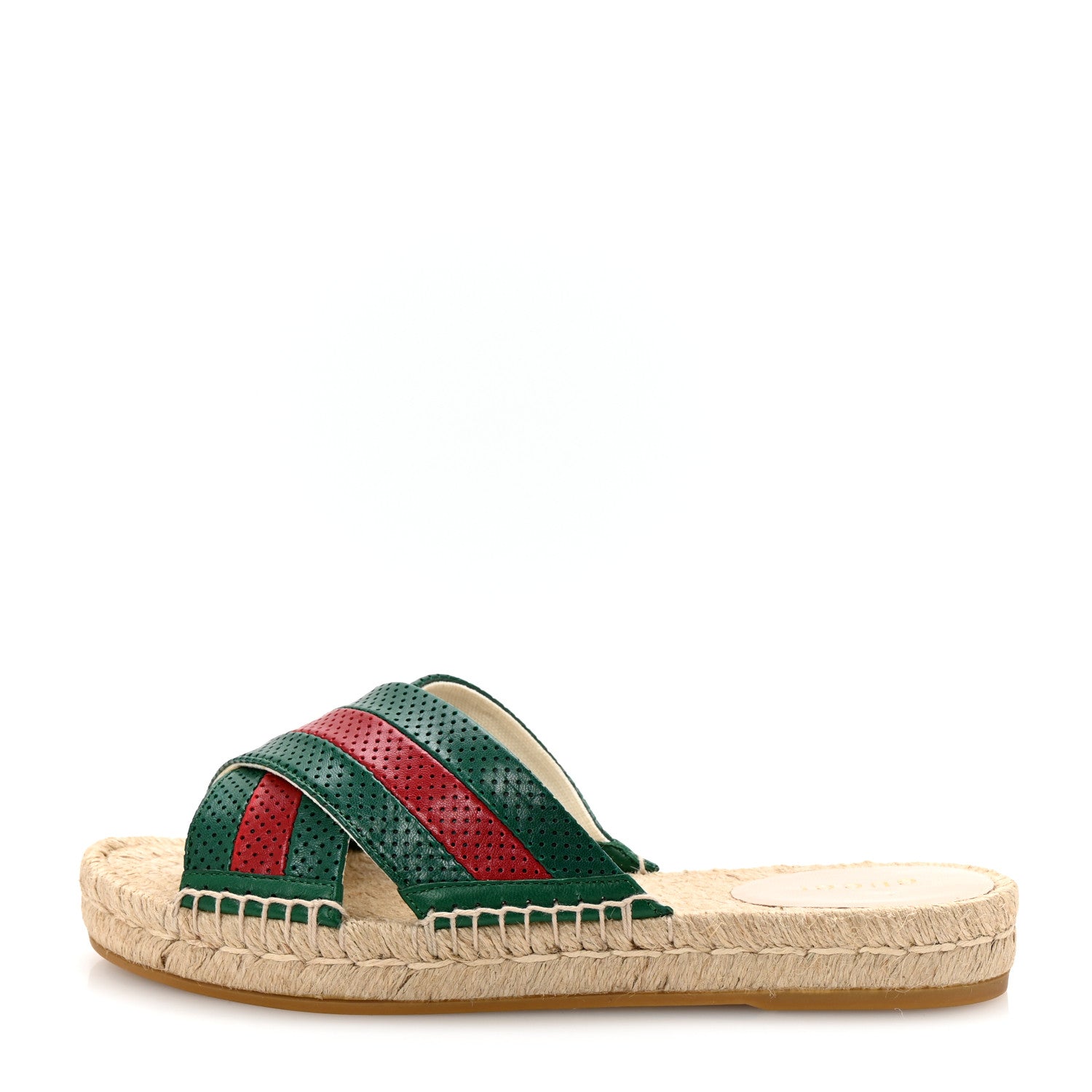 Gucci Malaga Kid Perforated Criss Cross Espadrille Slide Sandals 37.5 Emerald Hibiscus Red 1 of 10