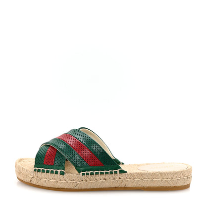 Gucci Malaga Kid Perforated Criss Cross Espadrille Slide Sandals 37.5 Emerald Hibiscus Red 1 of 10