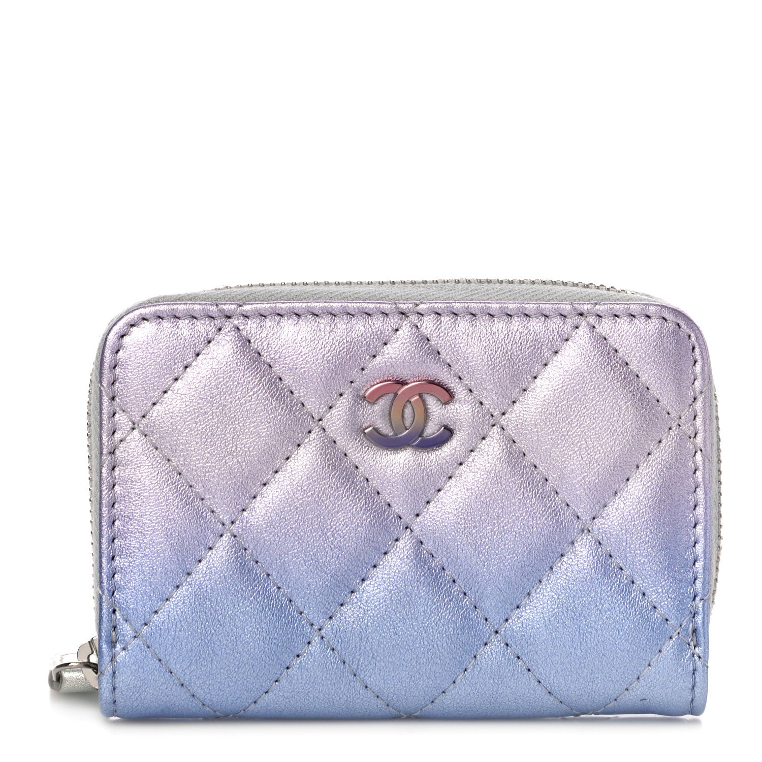 Chanel Gradient Metallic Calfskin Quilted Zip Around Coin Purse Wallet Silver Blue Yellow Purple 1 of 11