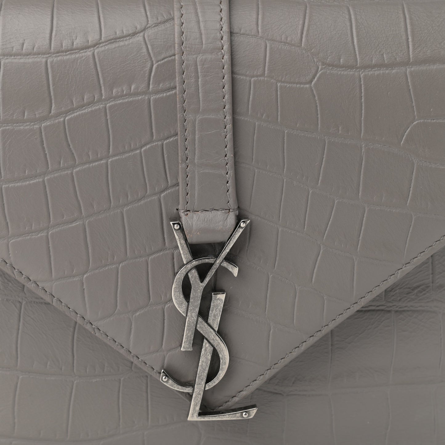 Calfskin Crocodile Embossed Medium College Monogram Satchel Gray