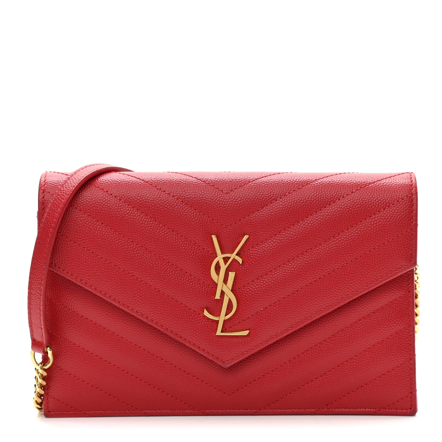 Grain De Poudre Matelasse Chevron Monogram Envelope Chain Wallet New Red