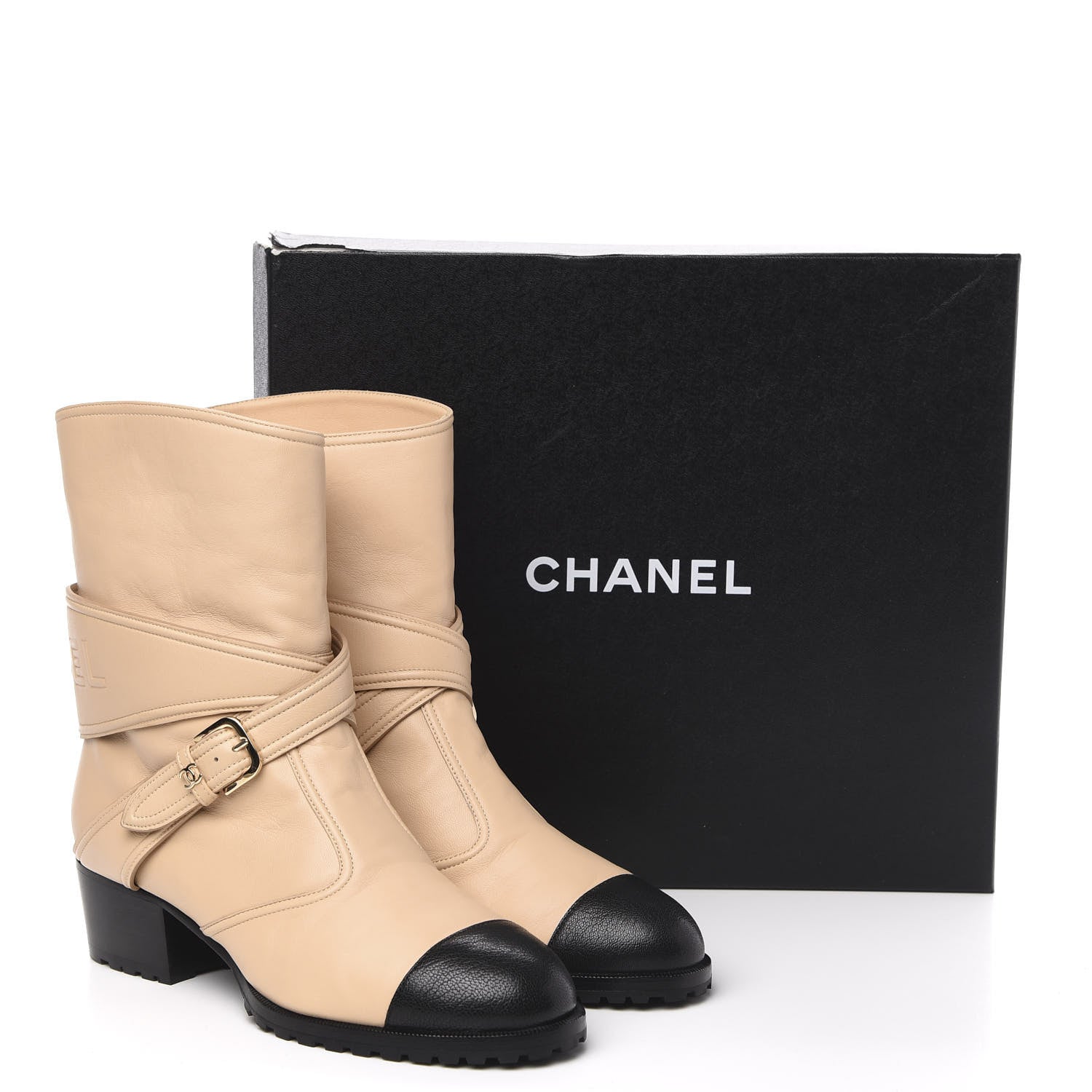 Chanel Lambskin Logo Cap Toe Short Boots 37.5 Beige Black 10 of 10
