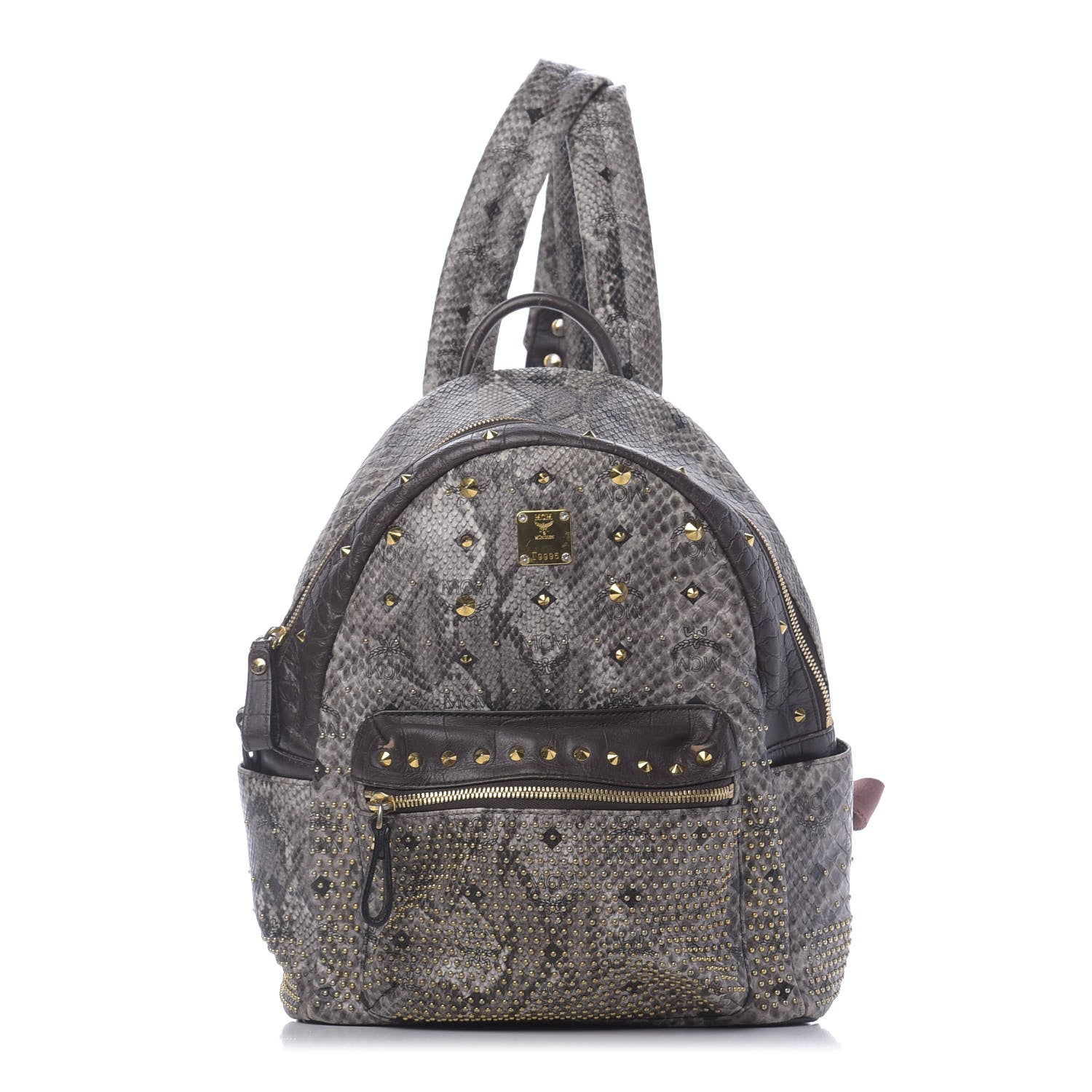 MCM Visetos Snakeskin Printed Studded Small Stark Backpack Light Grey 1 of 14