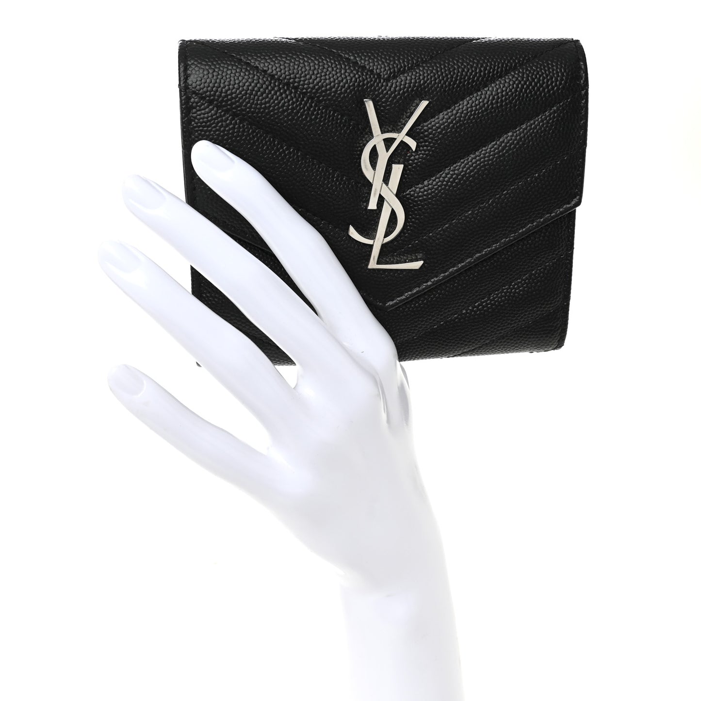 Grain De Poudre Matelasse Chevron Monogram Compact Tri Fold Wallet Black