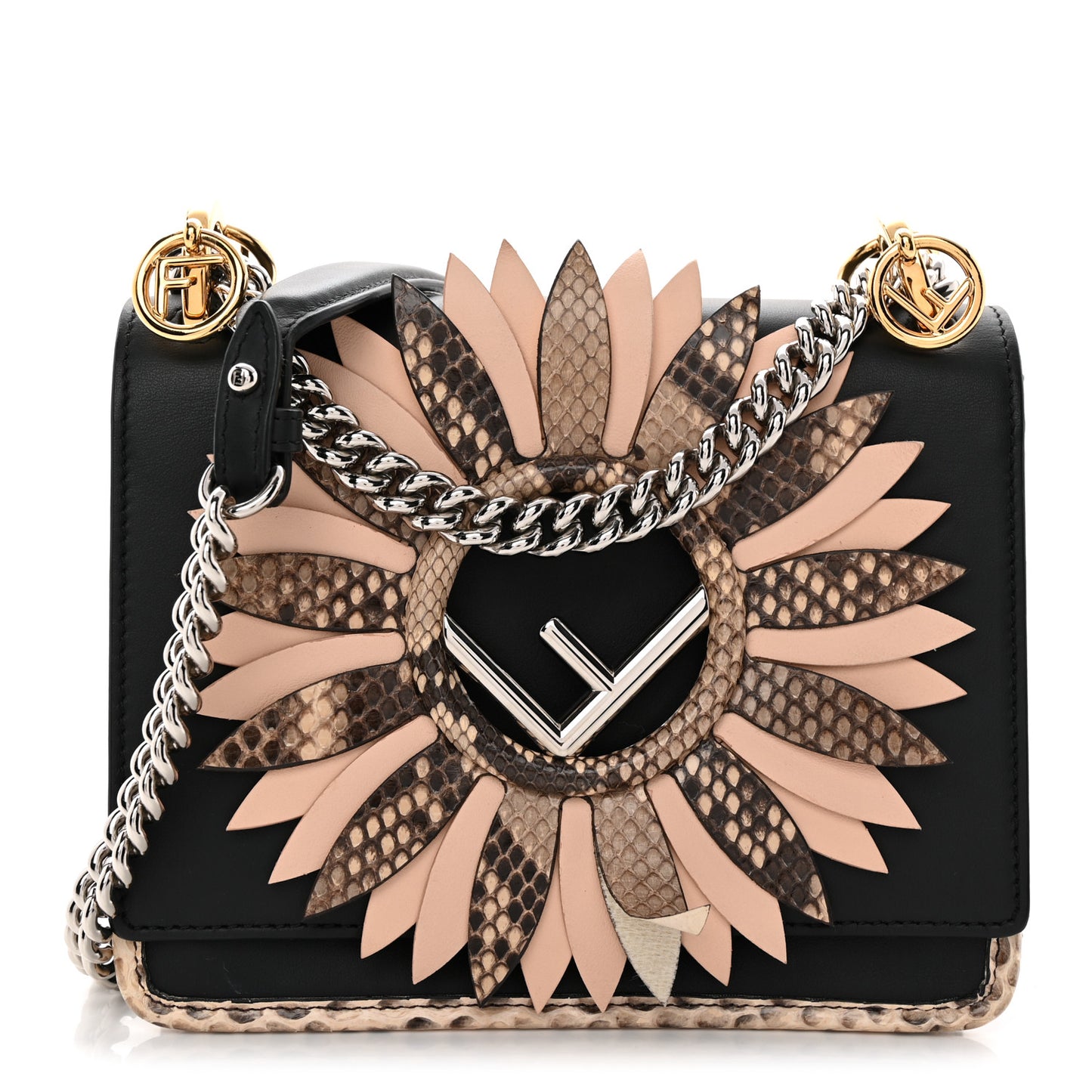 Vitello Century Snakeskin F is Fendi Flower Burst FF Small Kan I Shoulder Bag Black Beige
