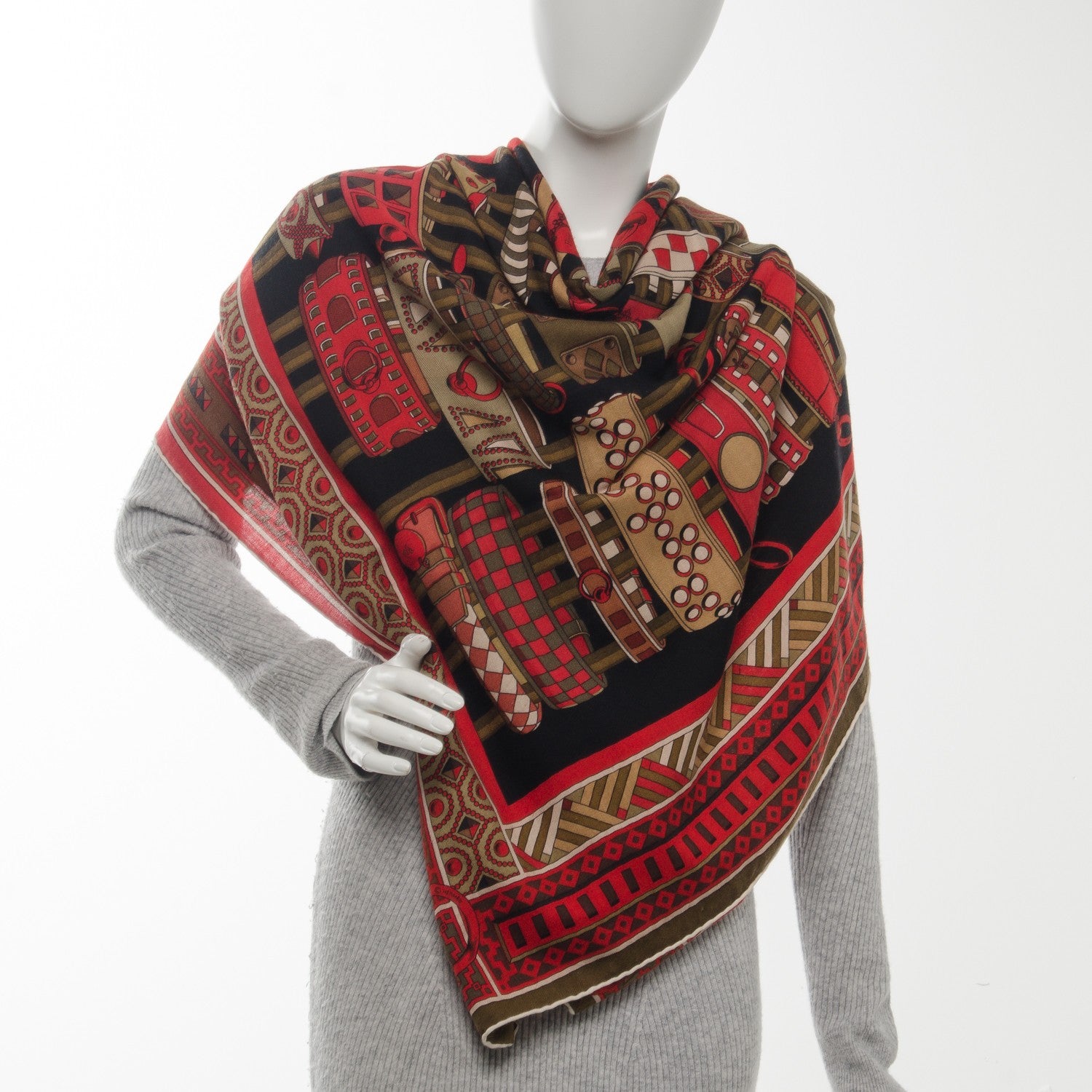 Hermes Cashmere Silk Colliers de Chiens Shawl 140 Black Rouge Kaki 2 of 9