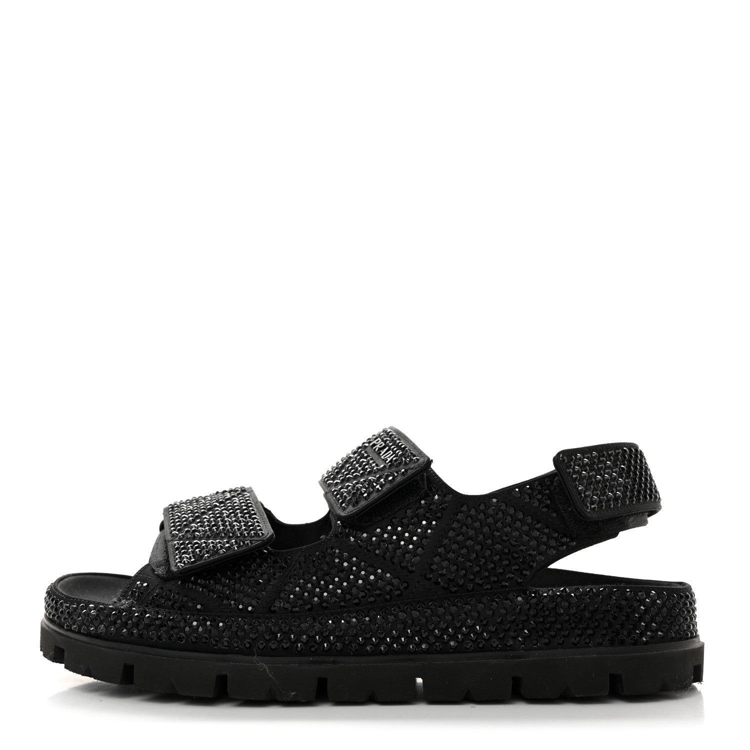 Prada Satin Crystal Embellished Metal Logo Velcro Sandals 37.5 Black 1 of 10
